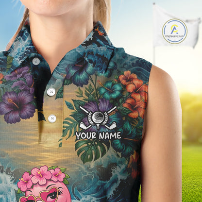 Womens Flamingo Golf Clothing Waving Tropical Golf Shirt Custom Floral Golf Sleeveless Polo, Golf Gifts NYN2959