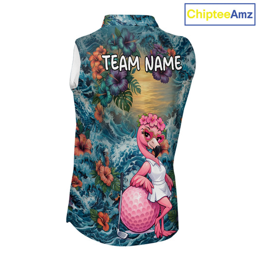 Womens Flamingo Golf Clothing Waving Tropical Golf Shirt Custom Floral Golf Sleeveless Polo, Golf Gifts NYN2959
