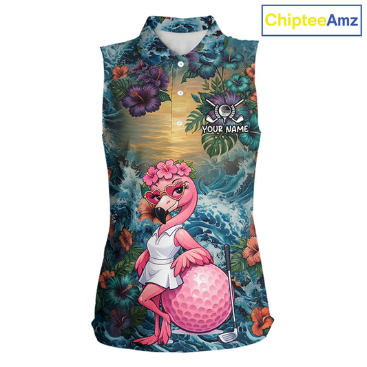 Womens Flamingo Golf Clothing Waving Tropical Golf Shirt Custom Floral Golf Sleeveless Polo, Golf Gifts NYN2959