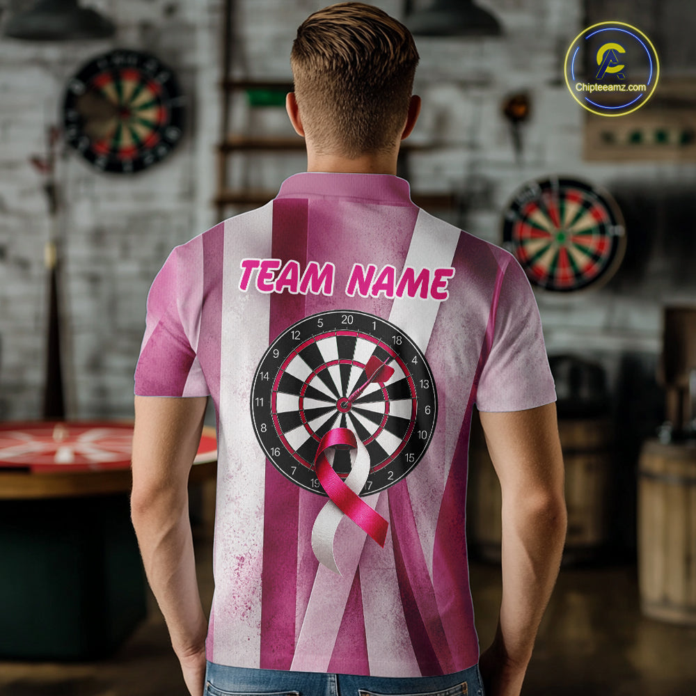 White & Pink Grunge Ribbon Dartboard Dart Shirt For Men Custom Breast Cancer Dart Team Jerseys NYN3353