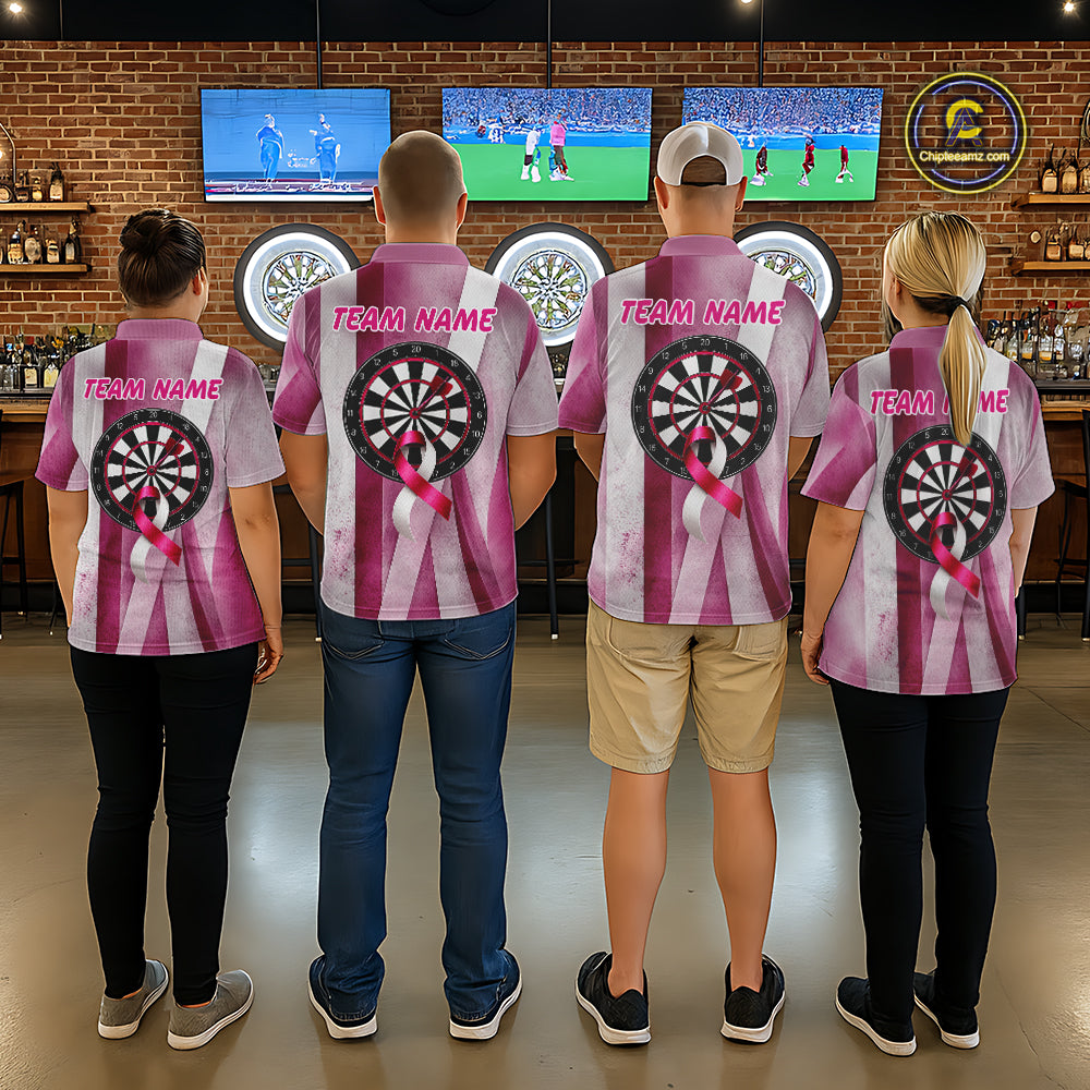 White & Pink Grunge Ribbon Dartboard Dart Shirt For Men Custom Breast Cancer Dart Team Jerseys NYN3353