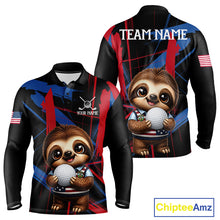 Load image into Gallery viewer, Men's funny golf polo featuring adorable sloth with artistic red and blue brush stroke graphics, custom golf shirt for men's golf teams, family golf outings and golf gifts, symbolizing friendship, creativity and fun.