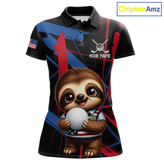 Women's funny golf polo with sloth artwork and colorful brush textures, lightweight golf shirt for ladies golf teams, golf clubs and golf gifts.