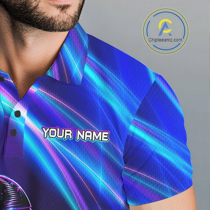 Male golfer wearing neon skull golf polo during championship event, stylish golf apparel for gothic fashion, Halloween golf outings and bold personalities.