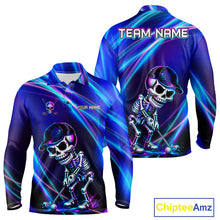 Load image into Gallery viewer, Men's golf polo featuring glowing skeleton skull with neon purple and blue graphics, personalized performance golf apparel for Halloween golf tournaments, alternative golf fashion and men's golf teams, symbolizing strength, individuality and fearless spirit.