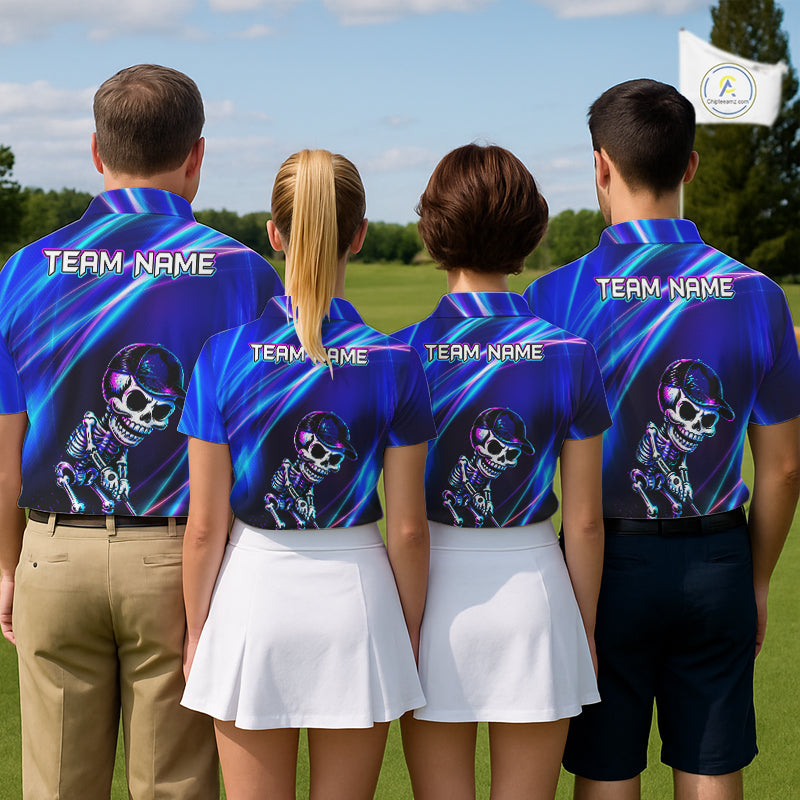 Golf team wearing matching neon skeleton golf polos for night golf tournaments, Halloween competitions and alternative golf clubs, representing unity and fearless attitude.