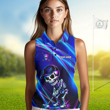 Load image into Gallery viewer, Female golfer wearing skeleton golf polo with glowing neon artwork, unique ladies golf apparel expressing confidence and individuality.
