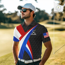 Load image into Gallery viewer, Male golfer wearing black American flag golf polo during championship tournament, premium golf apparel for veterans, patriotic golfers and Father's Day gifts.