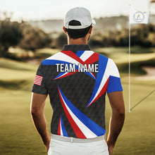 Load image into Gallery viewer, Male golfer wearing black American flag golf polo during championship tournament, premium golf apparel for veterans, patriotic golfers and Father's Day gifts.
