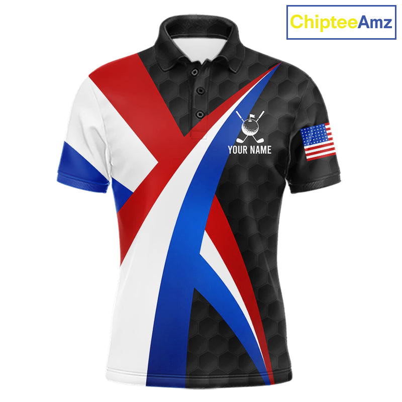 Men's black golf polo featuring golf ball pattern and patriotic American flag artwork, personalized performance golf apparel for men's golf tournaments, veterans, golf clubs and Father's Day gifts, symbolizing strength, unity and American pride.