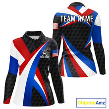 Load image into Gallery viewer, Women's black patriotic golf polo featuring golf ball graphics, custom performance golf shirt for tournaments, golf clubs and USA team apparel.