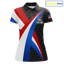 Load image into Gallery viewer, Women's black patriotic golf polo featuring golf ball graphics, custom performance golf shirt for tournaments, golf clubs and USA team apparel.