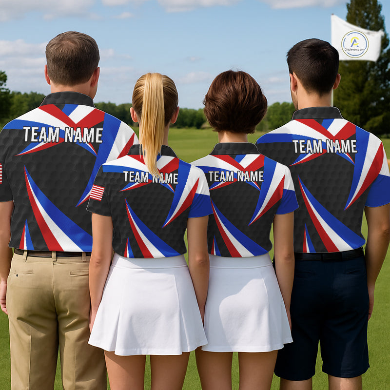 Golf team wearing matching black American flag golf polos for golf tournaments, league championships and corporate golf outings, symbolizing professionalism, unity and patriotism.
