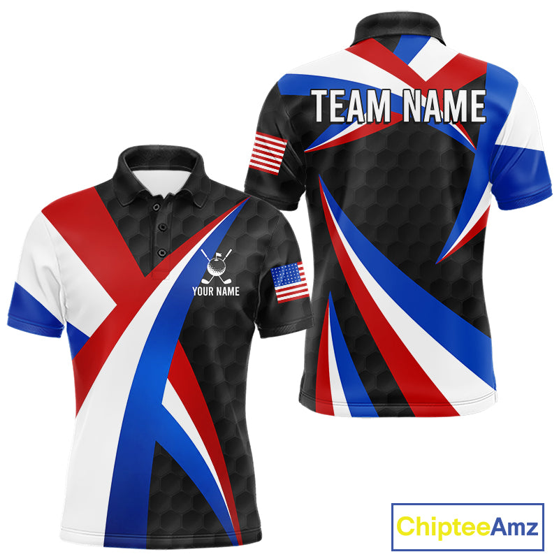 Men's black golf polo featuring golf ball pattern and patriotic American flag artwork, personalized performance golf apparel for men's golf tournaments, veterans, golf clubs and Father's Day gifts, symbolizing strength, unity and American pride.