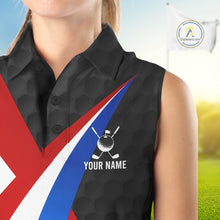Load image into Gallery viewer, Female golfer wearing personalized black patriotic golf polo, elegant golf apparel for ladies golf clubs, Memorial Day events and Independence Day tournaments.
