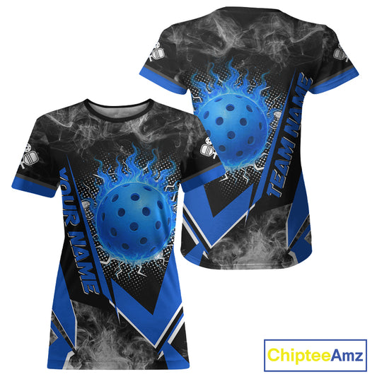 Custom Blue Smoke Flame Pickleball Ball T-Shirt For Women, Pickleball Team Jersey Outfit NYN1268