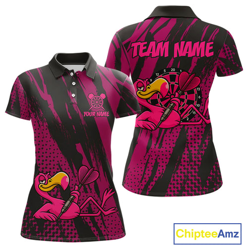Custom Black And Pink Flamingo Dartboard Funny Dart Team Women Polo Shirt Dart Jerseys NYN1538
