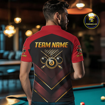 Custom Red Billiard Polo & Quarter-Zip Jerseys For Men Gold 8 Ball Pool Team Jersey NYN2314