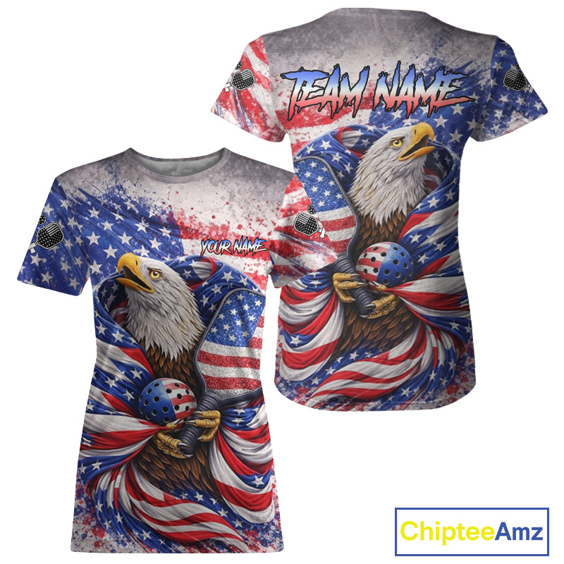Custom Eagle US Flag Paint Pickleball Ball & Paddle T-Shirt Patriotic Pickleball Jersey For Women NYN2580
