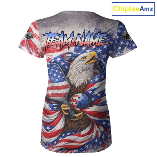 Custom Eagle US Flag Paint Pickleball Ball & Paddle T-Shirt Patriotic Pickleball Jersey For Women NYN2580