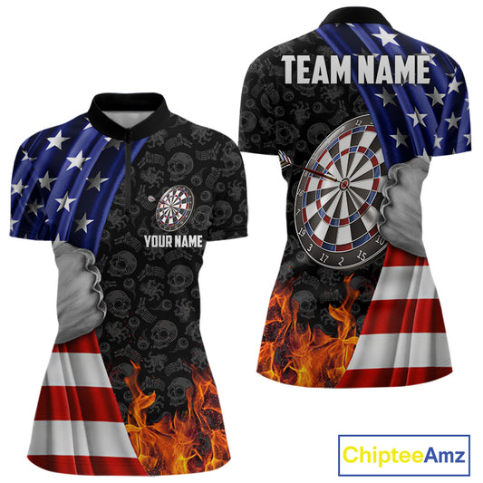 Custom Flame Dartboard Patriotic Dart Shirts For Women American Flag Dart Team Jerseys NYN0047