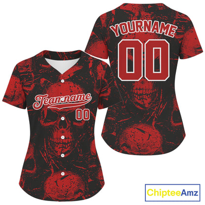 Custom Red Skulls Creepy Grunge Baseball Jersey For Women Halloween Baseball Team Shirt NYN1284