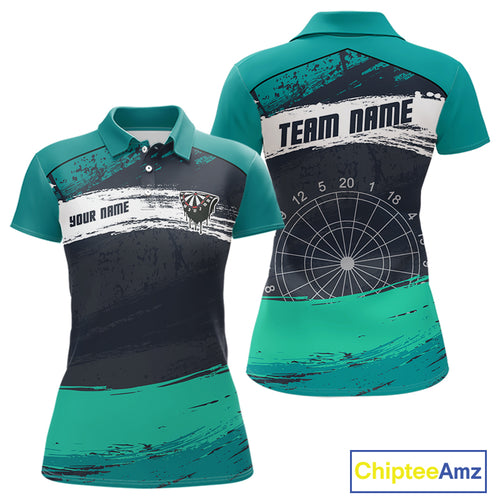 Custom Grunge Black And Turquoise Dripping Dartboard Dart Team Women Polo Shirt NYN1548