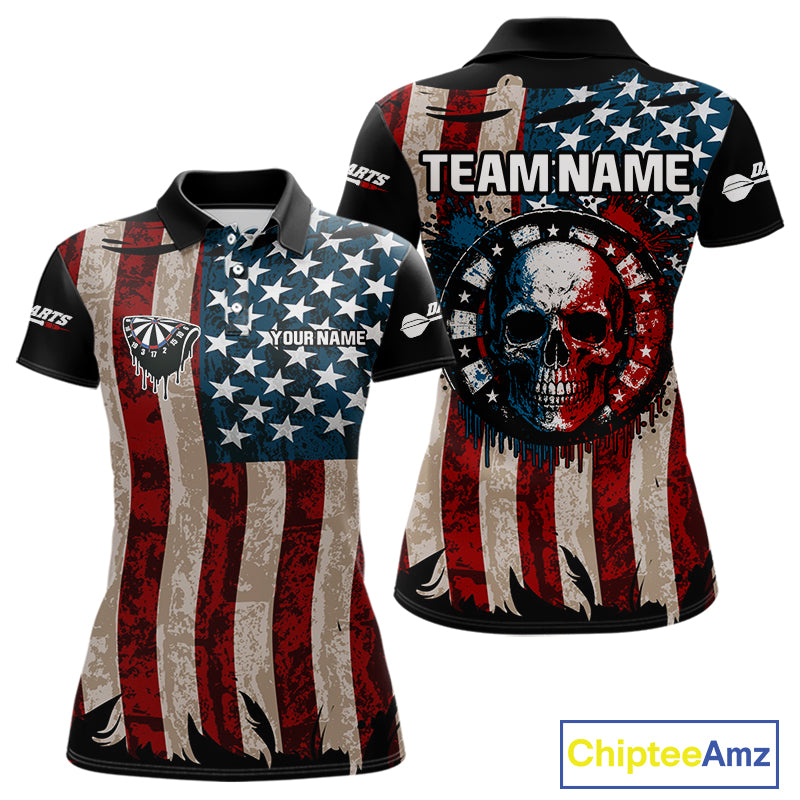 Colorful Skull Grunge Dartboard US Flag Dart Women Polo Shirt, Patriotic Dart Jerseys NYN1556