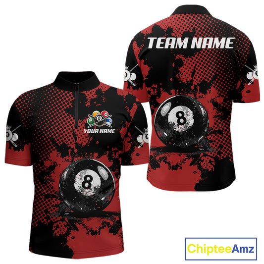 Custom Red Grunge Ball Billiard Shirts For Men Personalized Ball 8 Billiard Attire Gifts NYN2328
