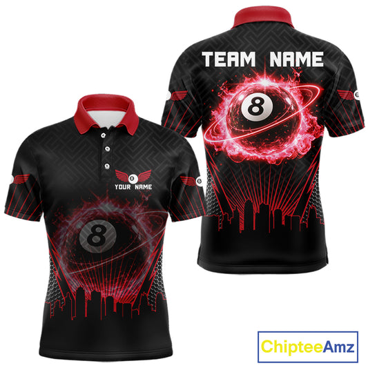 Black & Red Flaming 8 Ball Light Men's Billiard Shirts Personalized Billiard Team Attire NYN2329