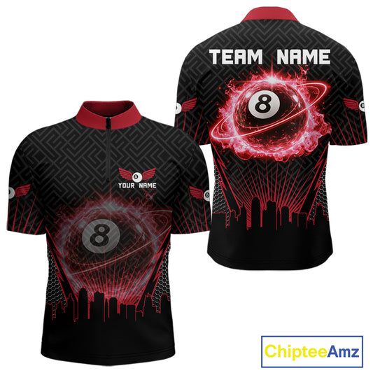 Black & Red Flaming 8 Ball Light Men's Billiard Shirts Personalized Billiard Team Attire NYN2329