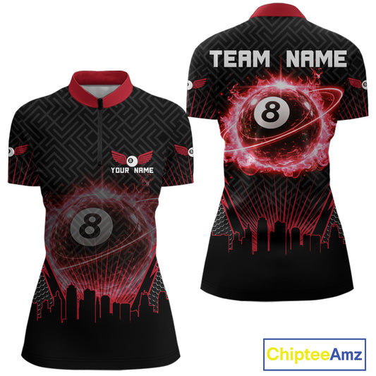 Black & Red Flaming 8 Ball Light Women's Billiard Shirts Personalized Billiard Team Attire NYN2329