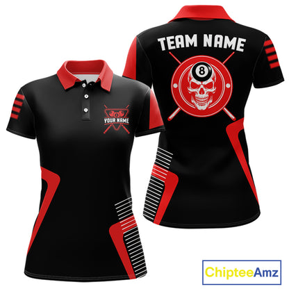 Black & Red Skull Pool 8 Ball Women Billiard Polo & 1/4-Zip Shirt Personalized Ball Billiard Attire NYN2593