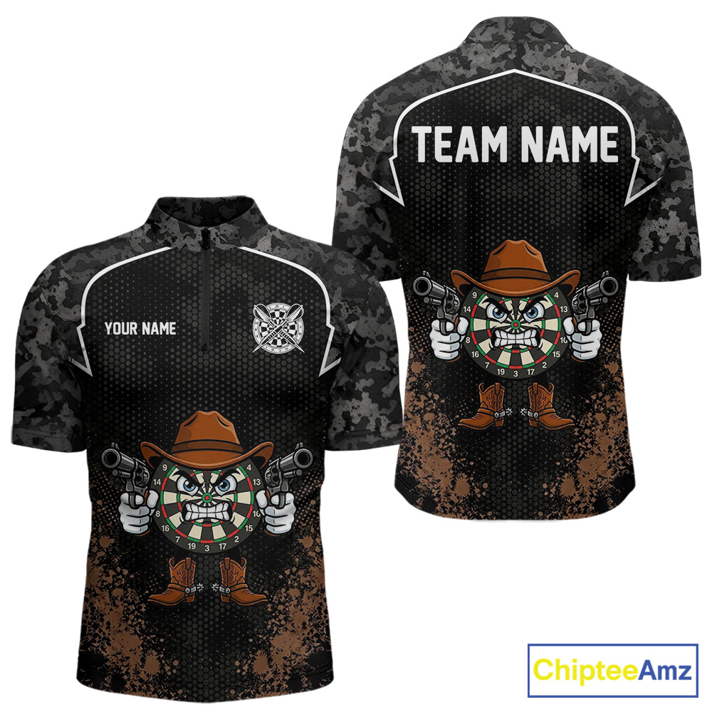 Grunge Brown Funny Dartboard Cowboy Gun Darts Shirt For Men Custom Camouflage Dart Team Jerseys NYN3163