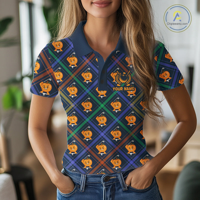 Female golfer wearing Plaid Pumpkin golf polo, autumn golf outfit, golf vacation clothing, seasonal golf apparel