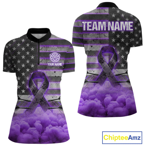 Purple Cloud Ribbon US Flag Dart Arrow Custom Breast Cancer Awareness Darts Women Quarter-Zip Shirt NYN1816
