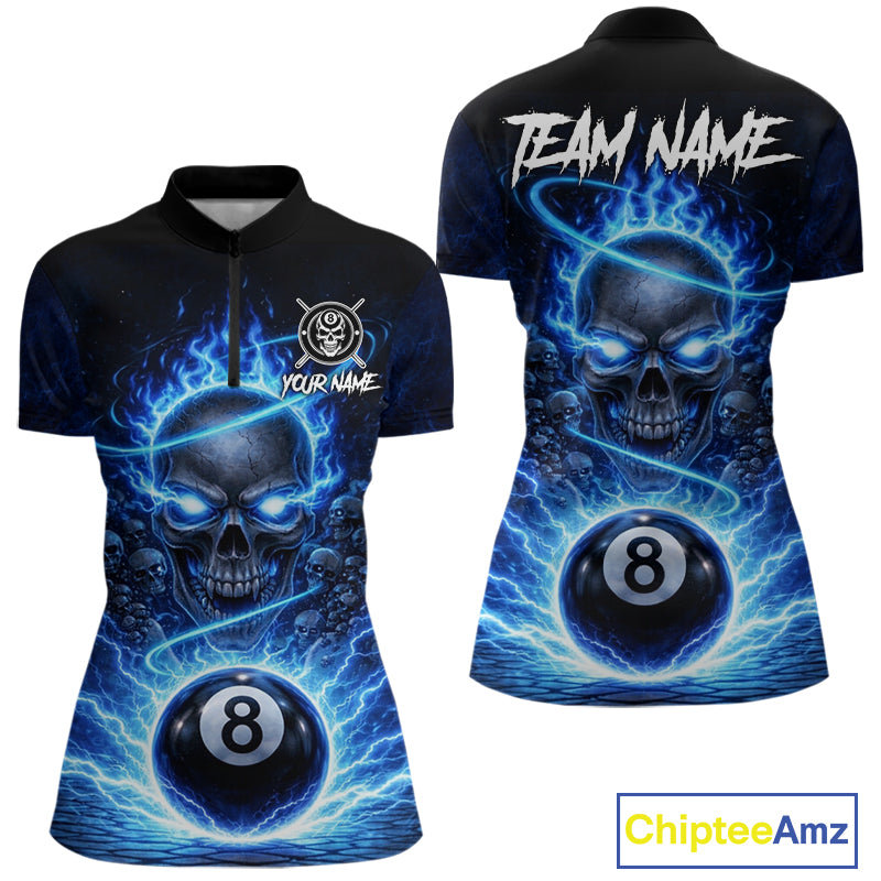 Blue Flames Multi Skull Thunder Pool 8 Ball 3D Billiard Shirt For Women Custom Billiard Team Attire NYN2603