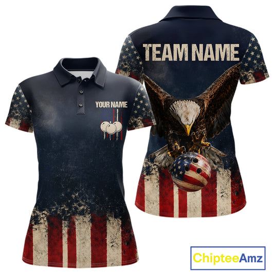 American Flag Grunge Bowling Team Jerseys For Women Custom Eagle Patriot Bowling Polo 1/4-Zip Shirt NYN3168