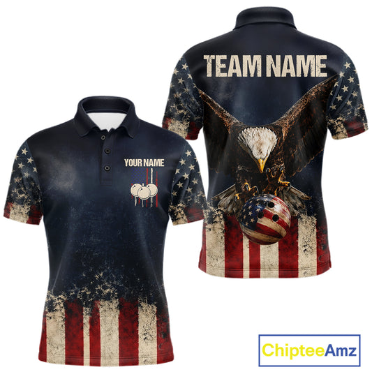 American Flag Grunge Bowling Team Jerseys For Men Custom Eagle Patriot Bowling Polo 1/4-Zip Shirt NYN3168