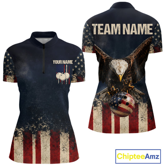 American Flag Grunge Bowling Team Jerseys For Women Custom Eagle Patriot Bowling Polo 1/4-Zip Shirt NYN3168