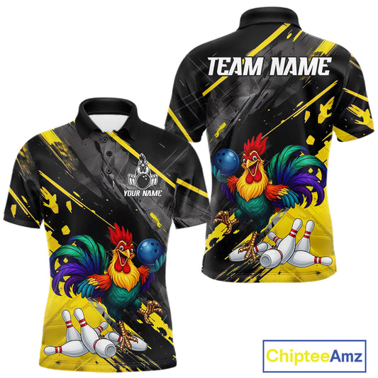 Personalized Colorful Funny Rooster Bowling Shirt For Men Yellow Grunge Bowling Team Jersey NYN3174