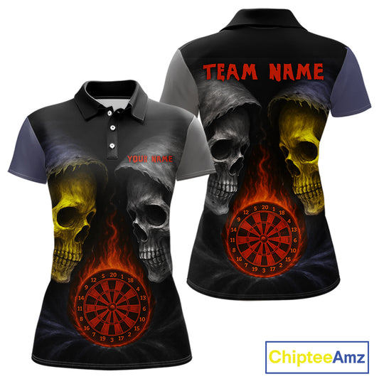 Flaming Dartboard Dual Skulls Funny Darts Shirt For Women - Customizable Name & Team NYN0404
