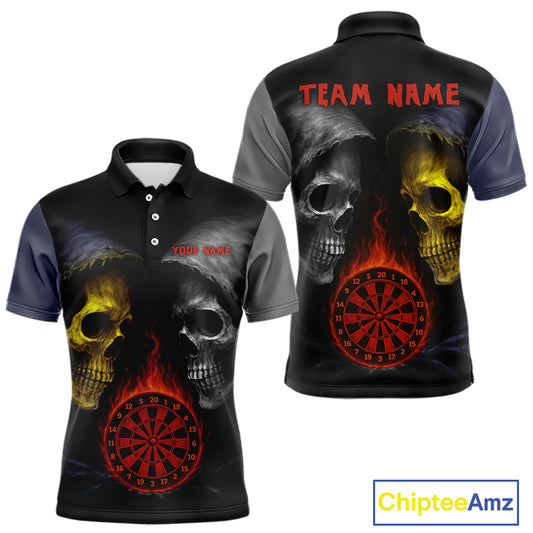 Flaming Dartboard Dual Skulls Funny Darts Shirt For Men - Customizable Name & Team NYN0404