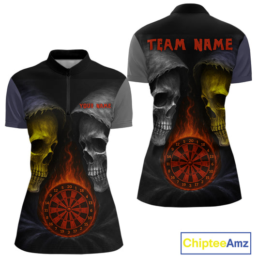 Flaming Dartboard Dual Skulls Funny Darts Shirt For Women - Customizable Name & Team NYN0404