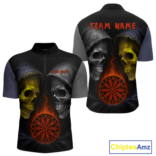 Flaming Dartboard Dual Skulls Funny Darts Shirt For Men - Customizable Name & Team NYN0404