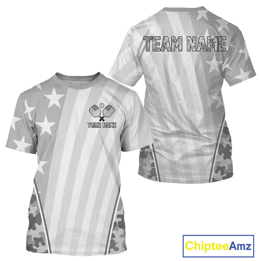 Custom Grey Camouflage Patriotic Pickleball T-Shirt For Men Outfit Pickleball Gifts NYN1294