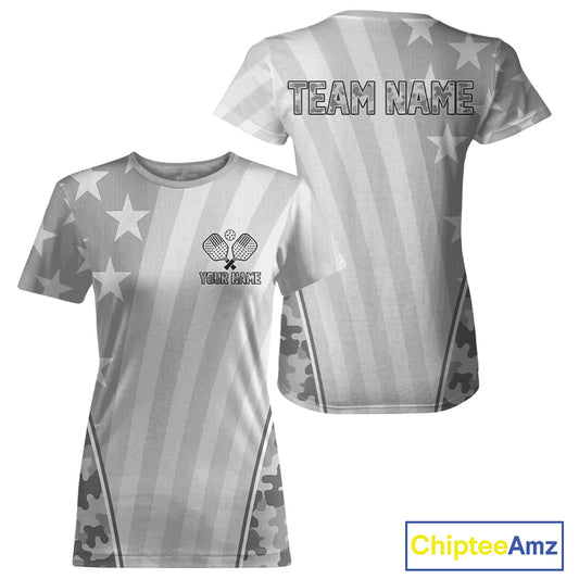 Custom Grey Camouflage Patriotic Pickleball T-Shirt For Women Outfit Pickleball Gifts NYN1294