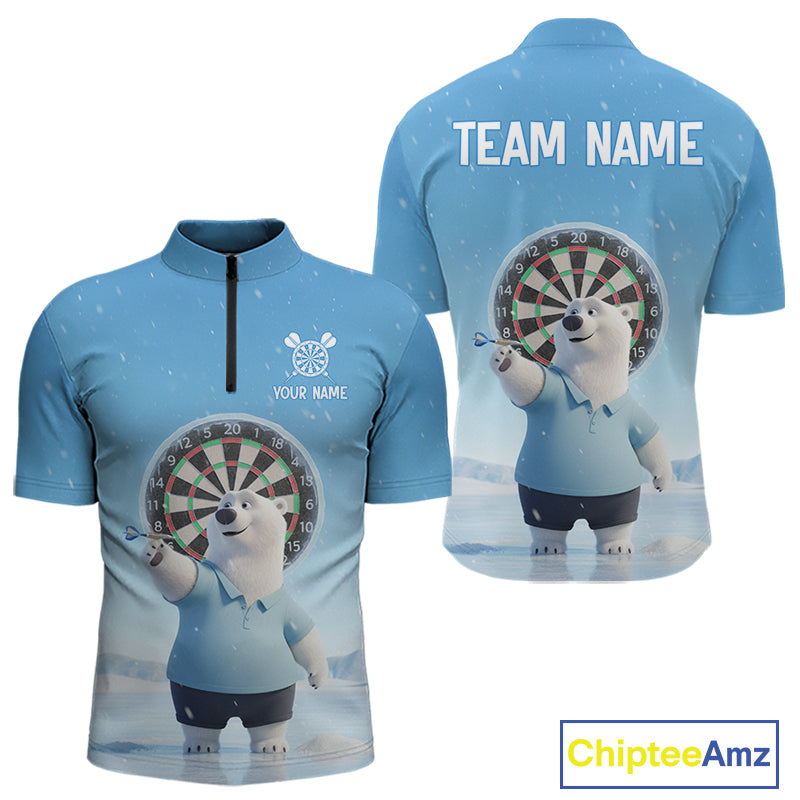 Custom Funny Polar Bear Plays Ice Dart Arrow Darts Quarter-Zip Shirt For Men, Dart Team Jerseys NYN1819