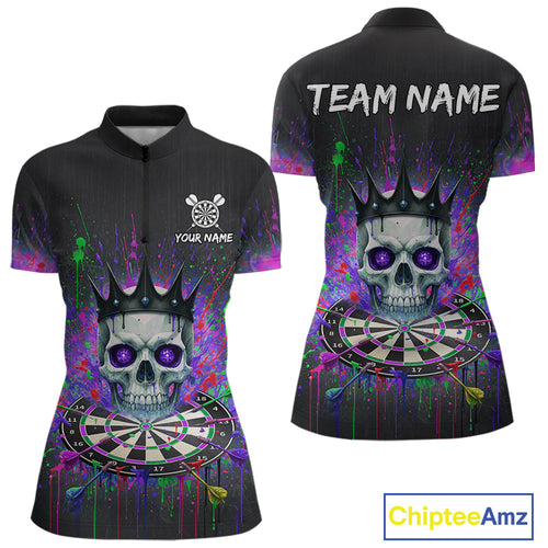 Custom Purple Crown Skull Colorful Dripping Dartboard Women Darts Quarter-Zip Shirt Dart Jerseys NYN1827