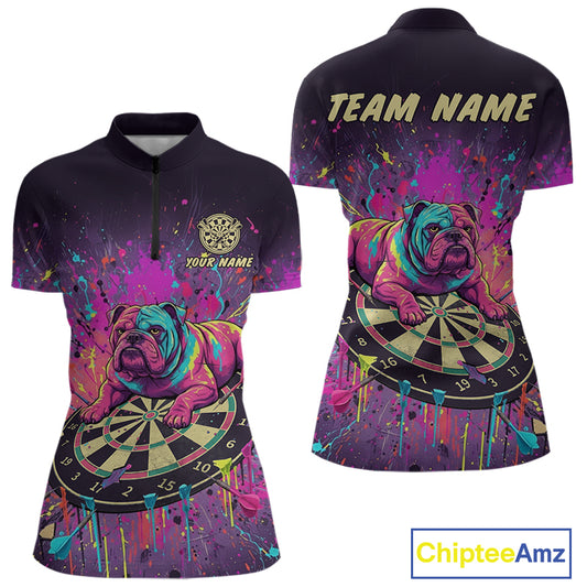 Custom Purple Bulldog Splatter Dartboard Women Darts Quarter-Zip Shirt Funny Colorful Dart Jerseys NYN1828